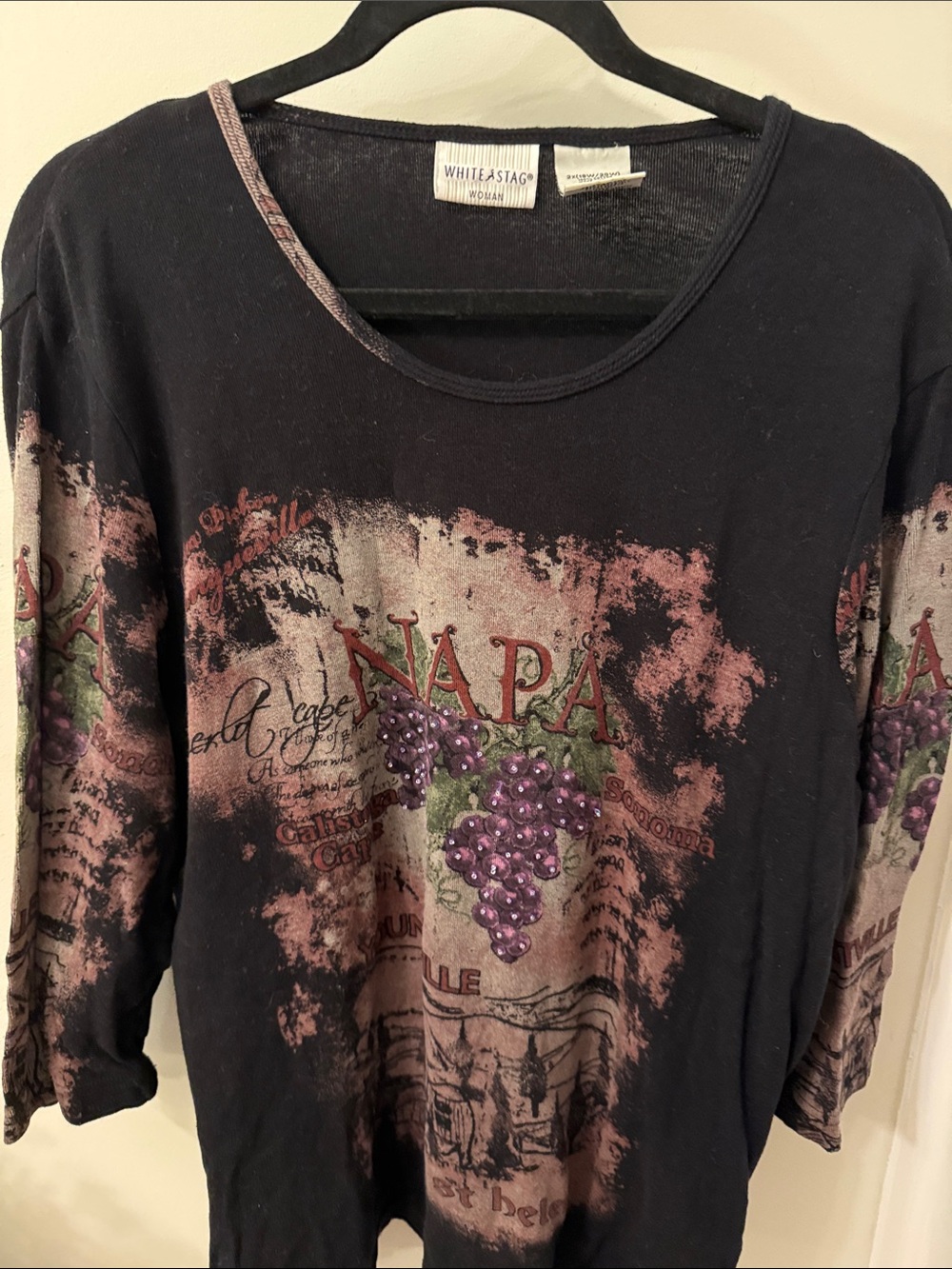 Vintage White Stag Woman Y2K Napa Valley Grape Graphic Top Sequin Accents 2X